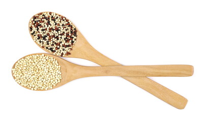 Tri-color quinoa and white seeds in wooden spoon isolated on white background, top view