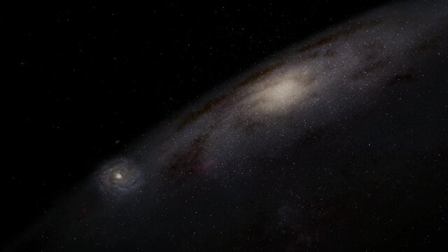 Exploration of galaxies through outer space towards a bright milky-way galaxy. 4K looping animation of flying through bright nebulae, clouds, and star fields. 