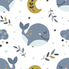 Seamless pattern with celestial whales.