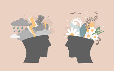 Mental health concept. Two heads, one contains bad weather, clouds, thunderstorms, rains. The second with flowers growing in it. Psychological help for stress. Vector illustration in hand drawing.