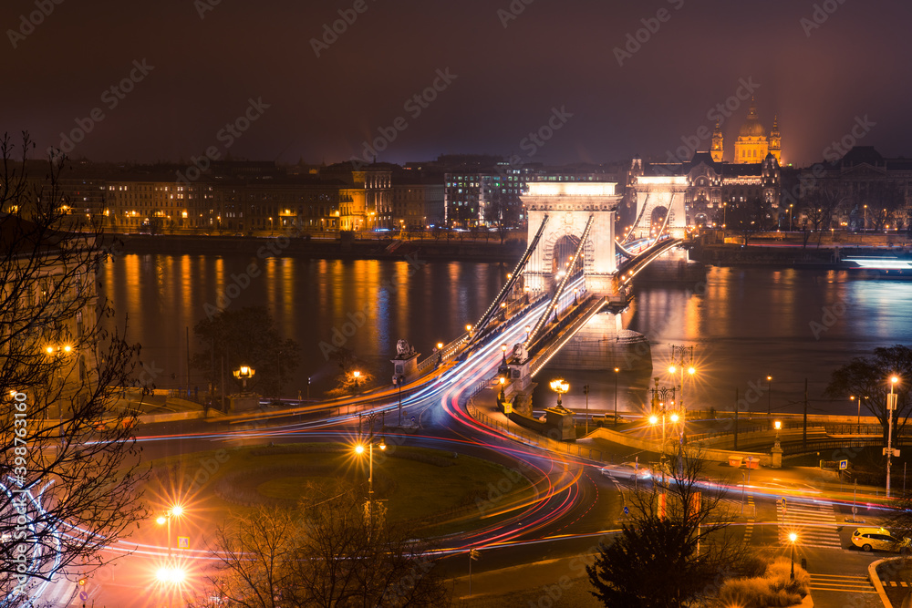 Sticker Chain Bridge at night, Budapest