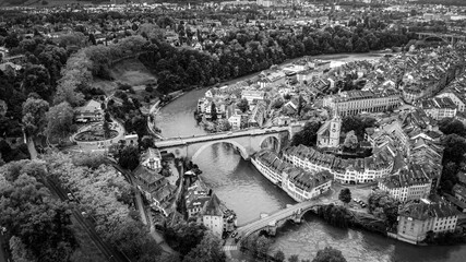 Flight over the city of Bern in Switzerland - the capital city from above - drone view