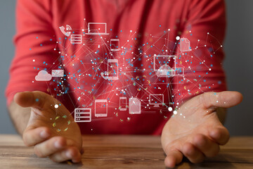 Augmented Analytics Data cloud storage network from lines, triangles and particle style design....