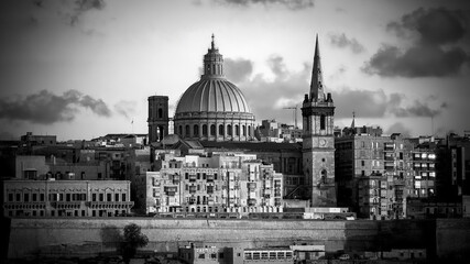 Fototapeta na wymiar Typical and famous skyline of Valletta - the capital city of Malta - CITY OF VALLETTA