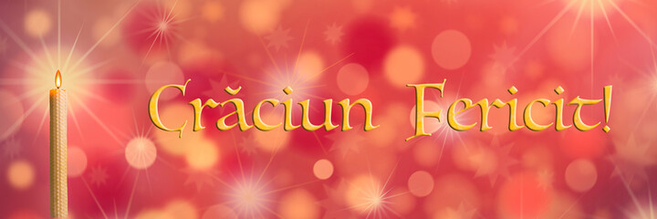 Text &quot;Merry Christmas&quot; in Romanian written on blurred background of star lights and traditional burning wax candle. Christmas in Romania. January. Bokeh. Greeting card. Orthodox church celebration.