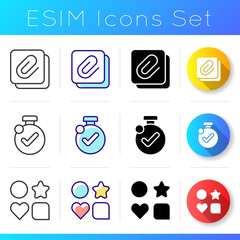 Mobile application interface icons set. Sending messages to different people. Enabling timer. Enter and exit. Linear, black and RGB color styles. Isolated vector illustrations