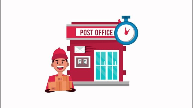 delivery logistic service with worker lifting box in post office