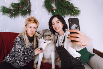 Obraz premium Two happy girls friends or sisters making selfie with white husky dog in Christmas decorations