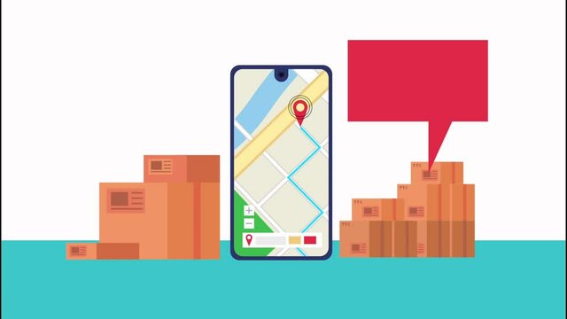 delivery logistic service with map in smartphone and boxes