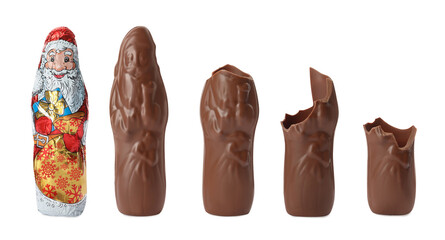 Tasty chocolate Santa Claus candy on white background, eating steps. Banner design