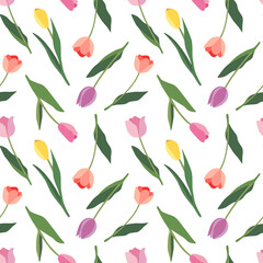 Floral seamless pattern with tulips. Red, yellow, pink, lilac spring flowers. Isolated vector illustration. Background for wrapping paper, textile, wallpaper, scrapbooking. Flat cartoon design.