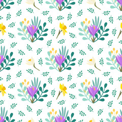 Floral seamless pattern with spring flowers. White, yellow narcissus, crocus, bouquet. Isolated vector illustration. Background for wrapping paper, textile, wallpaper, scrapbook. Flat cartoon design