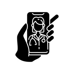 Video consultation black glyph icon. Virtual visits with board-certified doctors. Video appointment. Trustworthy advice from expert. Silhouette symbol on white space. Vector isolated illustration
