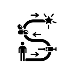 Therapy journey black glyph icon. Taking medications for treatment. Private psychotherapy practice. Health problem remediation. Silhouette symbol on white space. Vector isolated illustration