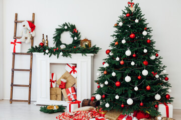 decor fireplace and Christmas tree holiday gifts new year background