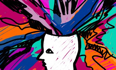 Disegno grafico, pensare. Emozioni e pensieri. Mente creativa. Invenzione.