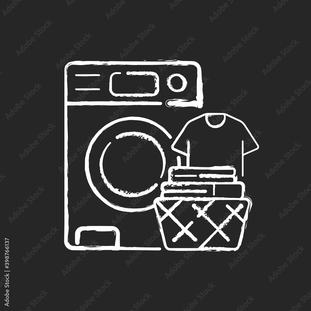 Wall mural Doing laundry chalk white icon on black background. Washing clothing. Modern housekeeping chore, household work. Washing machine and clothes in basket. Isolated vector chalkboard illustration