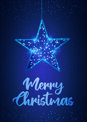 Christmas magic star with low poly design. Vector illustration with glitter, sparkles and snowflakes on blue background. Stylish concept with shimmering fantasy luxury star shape. Wireframe structure.