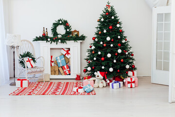 decor fireplace and Christmas tree holiday gifts new year background