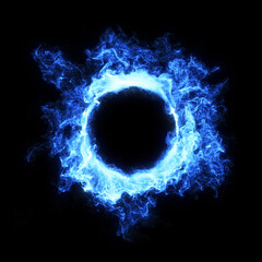 Abstract blue neon flame, smoke and plasma effect around a circle. Perfect for logo placement or content reveal.  Fume exploding outward. smoke and eclipse visual effect. 3D render