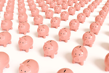 Piggy bank arrangement on a white background. 3d illustration.