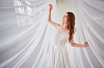 Happy beautiful bride white background up cloth