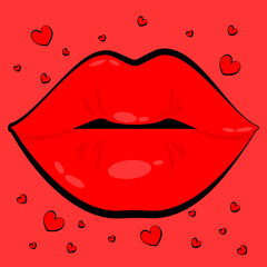 Vector illustration of red lips on a pink background with hearts.