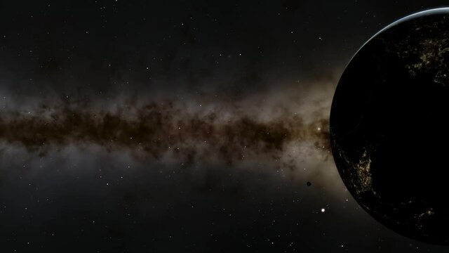 Beautiful sunrise over Earth. View from the space satellite. Cities at night. Change from Night to Day 3d Animation Rising Bright Sun. Modern business and technology concept. 4K Ultra HD.
