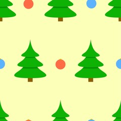 Vector illustration. Seamless pattern with Christmas tree with balls on a beige background backdrop. Design element for poster, banner, clothes.