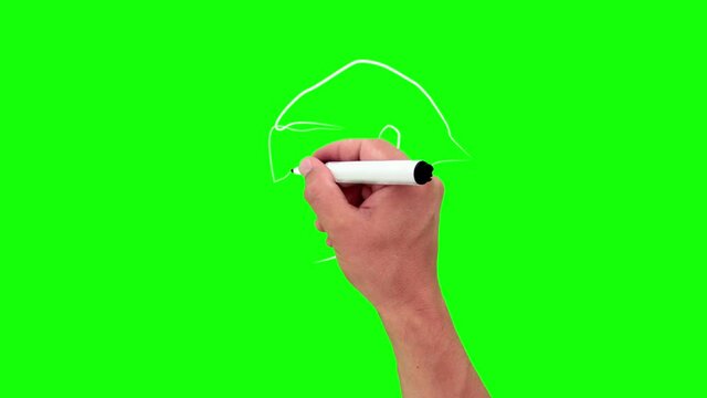 Gorilla Monkey thinking in one line. White line animation with pencil on green background