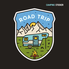 Camping adventure sticker design. Travel hand drawn logo emblem. State park label isolated. Stock vector Road trip graphics
