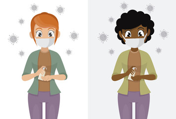 woman wear masks Use alcohol antiseptic gel to clean hands and prevent germs and covid-19