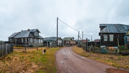 Rural dirt road. A small authentic village on the White sea coast. Kashkarantsy fishing collective farm. Kola Peninsula.