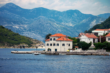 Fototapeta na wymiar view of Bay of Kotor shore from the sea, Montenegro