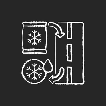 De Icing Chalk White Icon On Black Background. Removing Ice Covering From Roads. Help Cars And People To Easily Move On Streets In Winter Period. Isolated Vector Chalkboard Illustration