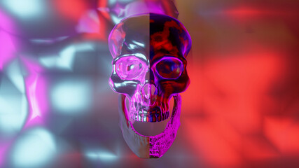 Totenkopfschädel in Pink und Chrome. Verschwommener, bunter Hintergrund. 3d Illustration Hintergrund