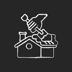 Roof snow removal chalk white icon on black background. Cleaning your house in winter. Dangerous seasonal service. Removing hard ice from home covering. Isolated vector chalkboard illustration