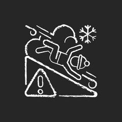 Avalanche warning sign chalk white icon on black background. Dangerous snowy mountain areas. Seasonal skiing accidents. Preventing huge snow fall. Isolated vector chalkboard illustration