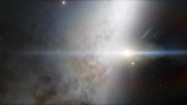 Exploration of galaxies through outer space towards a bright milky-way galaxy. 4K looping animation of flying through bright nebulae, clouds, and star fields. 