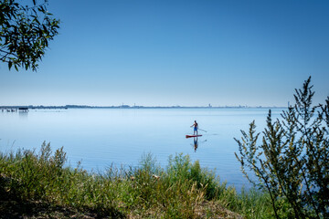 a a lone board sailor in the quiet bay in the southern Öresund, on the Swedish side - SUP stand up paddle board