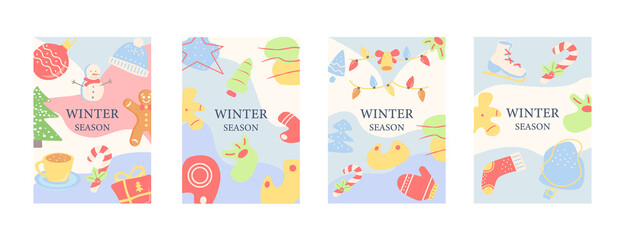 Winter season abstract poster template set. Commercial flyer design with flat illustration. Vector cartoon promo card with organic shapes. Wintertime advertising invitation collection