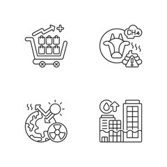 Global warming linear icons set. Farming livestock damaging earth atmosphere. Radiative forcing income. Customizable thin line contour symbols. Isolated vector outline illustrations. Editable stroke