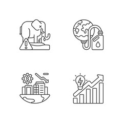 Global warming linear icons set. Biological resources. Biosphere extinction of plants and animals. Customizable thin line contour symbols. Isolated vector outline illustrations. Editable stroke