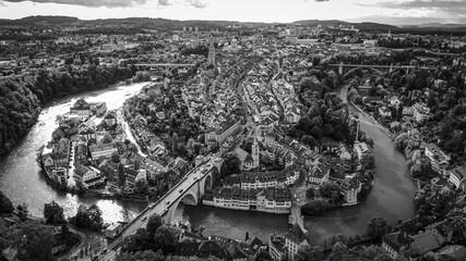 Flight over the city of Bern in Switzerland - the capital city from above - drone view