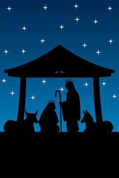 nativity scene manger in silhouette mary joseph ox and donkey night star