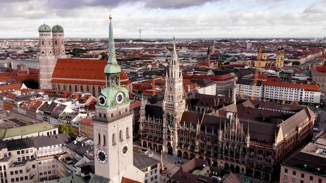 Munich in a bird's-eye view. The Marienplatz square.	
