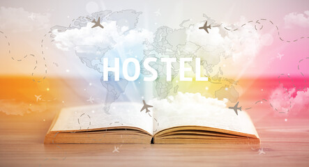 Open book with HOSTEL inscription, vacation concept