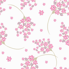 Simple vector seamless pattern with small flowers, branches, leaves. Elegant abstract floral background. Ditsy ornament. Texture in pink, green, gray, white color. Repeat design for decor, wallpaper