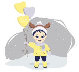 Obraz na płótnie Canvas kids winter. A cute boy with deer antlers and balloons stands on a gray plan with snow. On the ball there is the text of congratulations on the holiday - Merry Christmas. Vector illustration