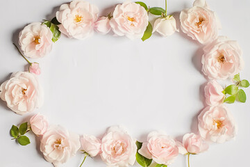 Floral frame wreath of white rose flower buds on white background. Flat lay, top view mockup.